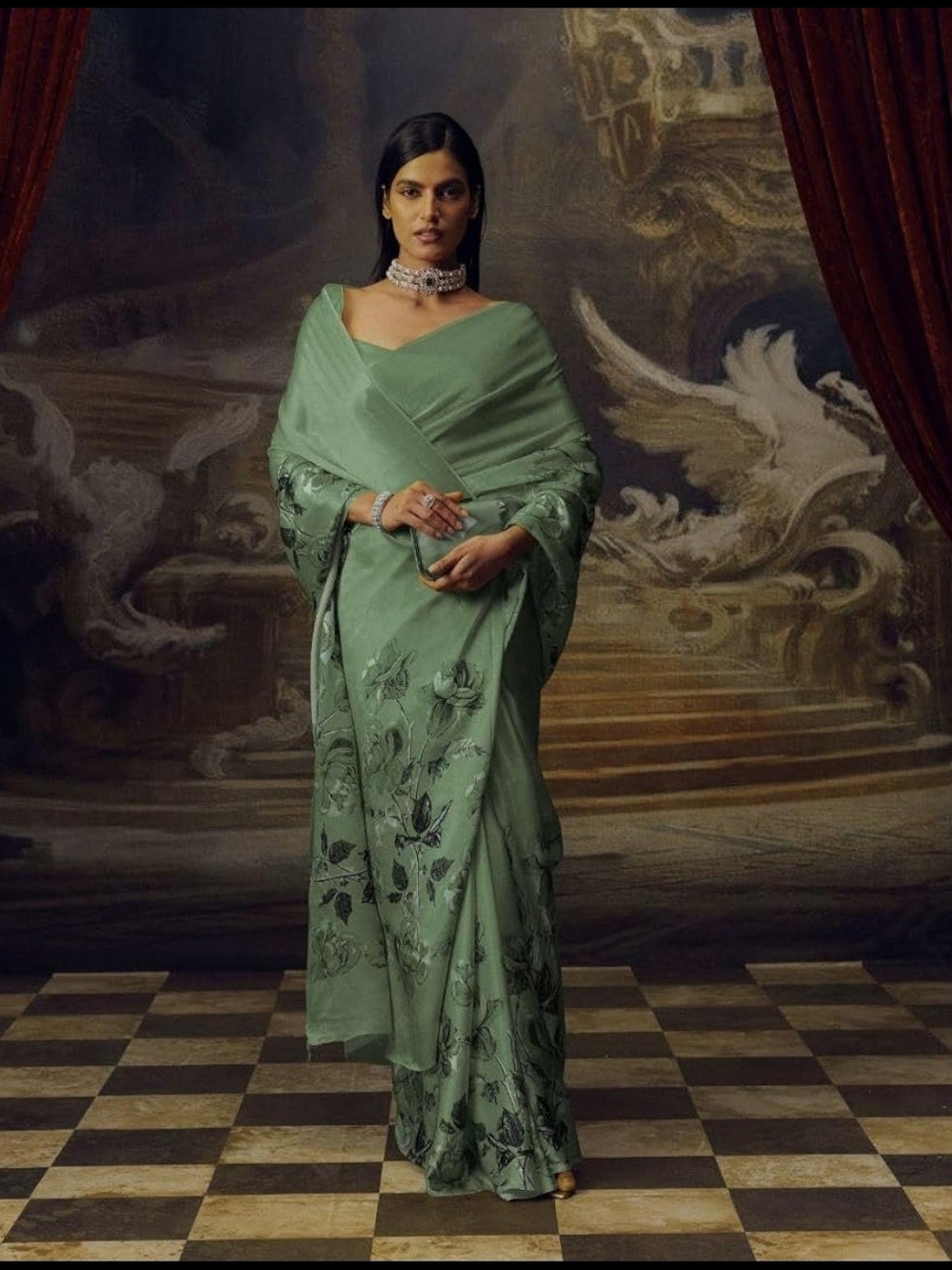 Bombay Sage Green Floral Satin Saree